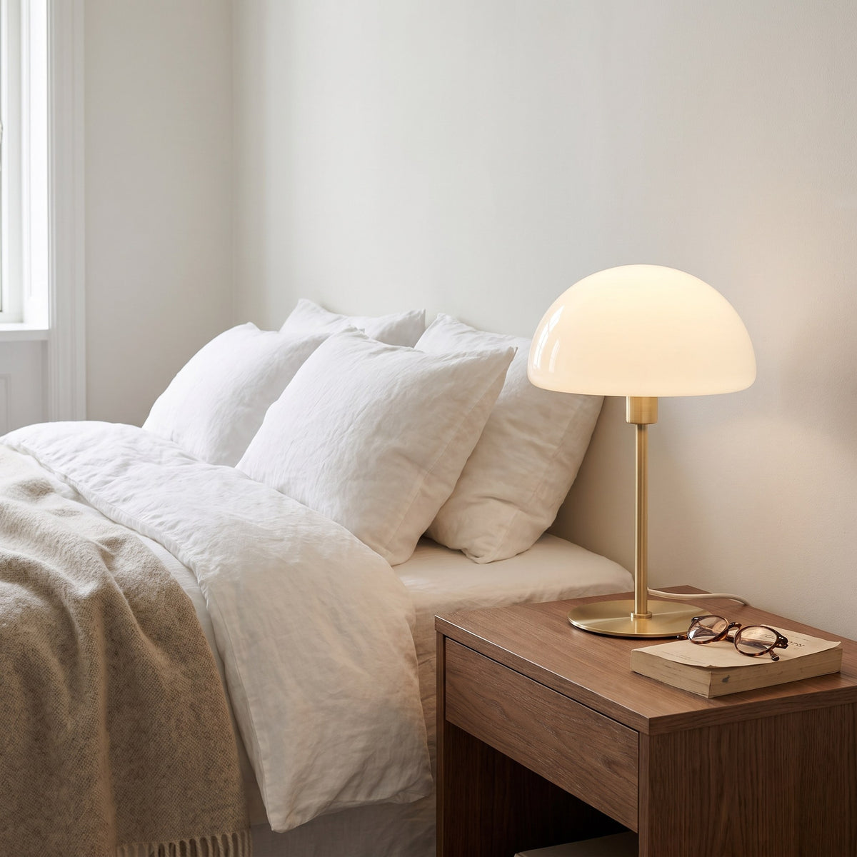 Mushroom Table Lamp, Opal Glass Dome & Brushed Brass Base, 14 in Small Bedside & Desk Lamp