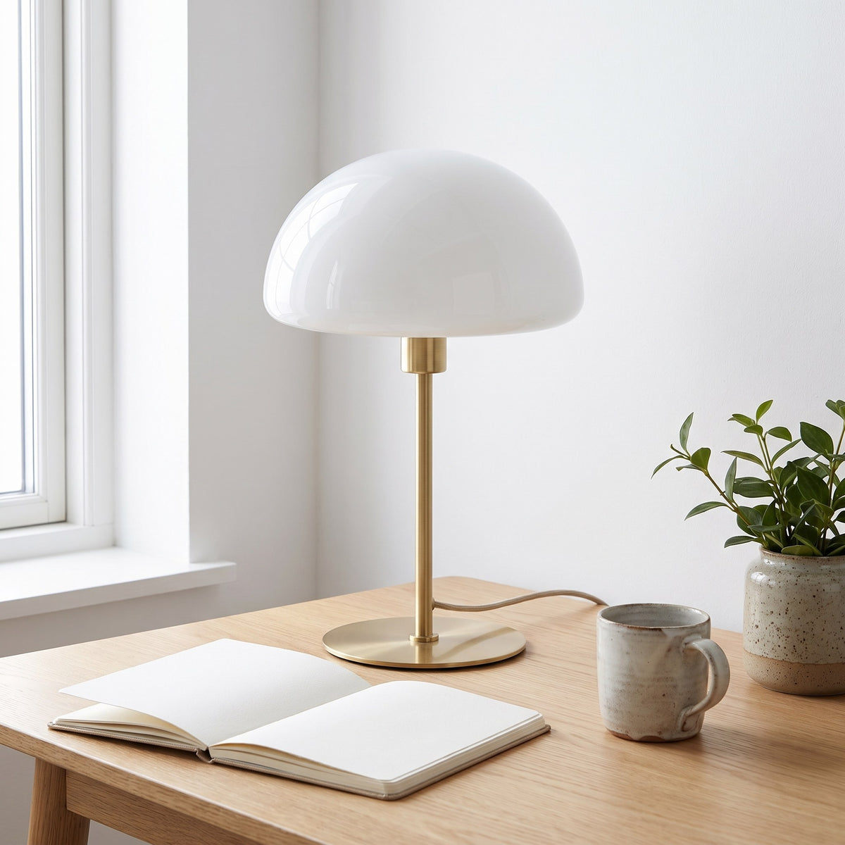 Mushroom Table Lamp, Opal Glass Dome & Brushed Brass Base, 14 in Small Bedside & Desk Lamp