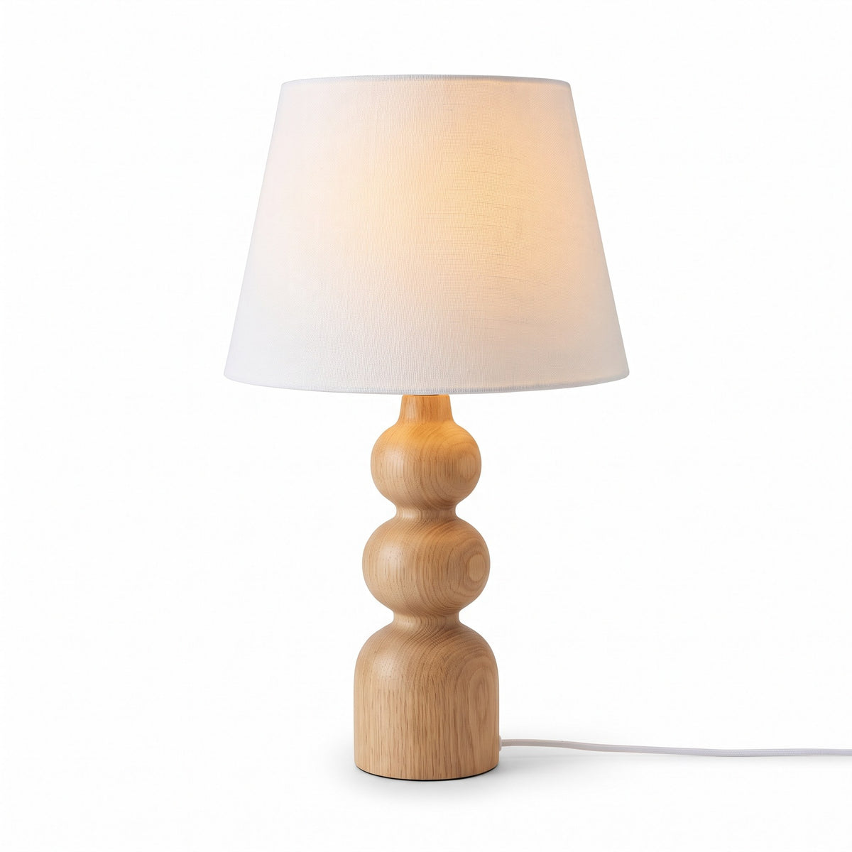 Oak Wood Table Lamp with White Linen Shade, 20 in Turned Wood Bedside Lamp, Scandinavian Style