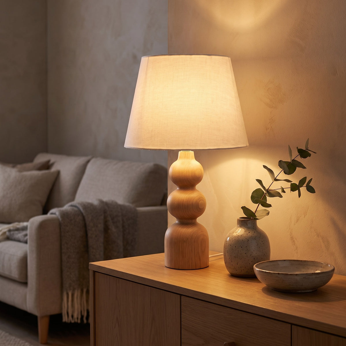 Oak Wood Table Lamp with White Linen Shade, 20 in Turned Wood Bedside Lamp, Scandinavian Style