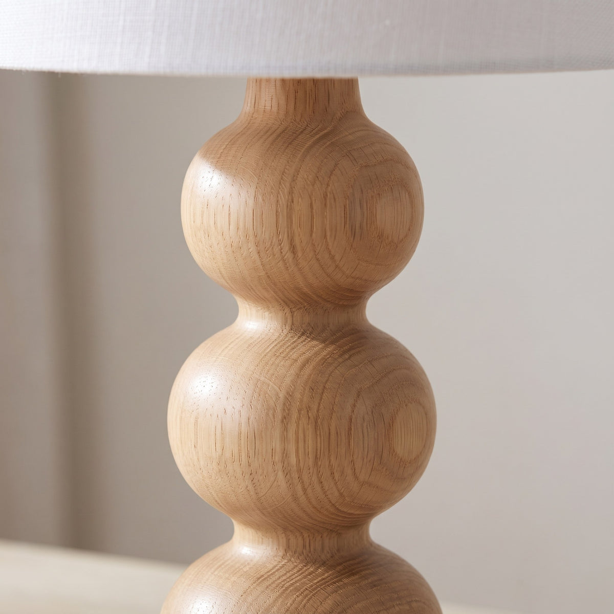 Oak Wood Table Lamp with White Linen Shade, 20 in Turned Wood Bedside Lamp, Scandinavian Style
