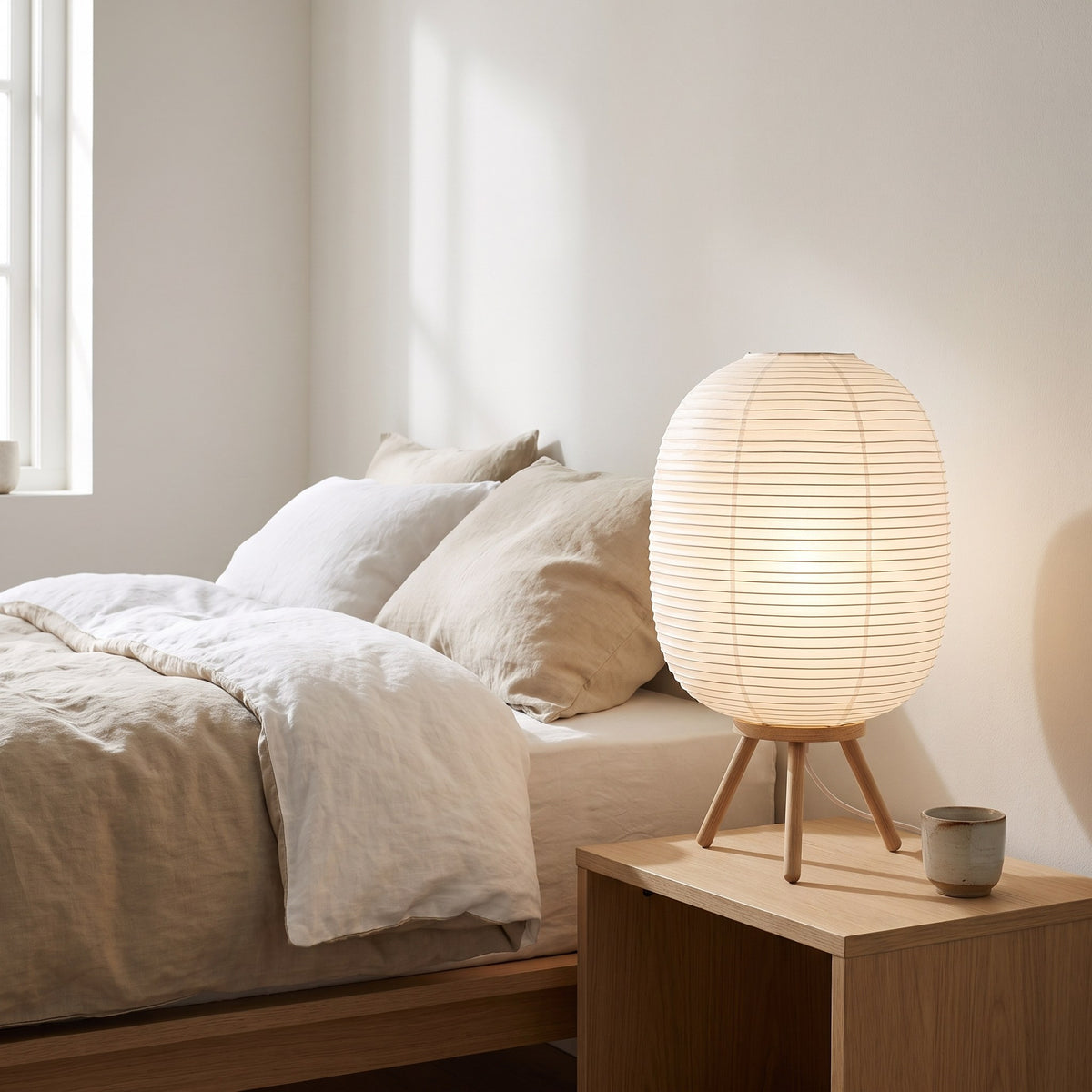 Rice Paper Table Lamp with Oak Wood Legs, 16 in Japandi Paper Lantern Lamp for Bedroom & Living Room