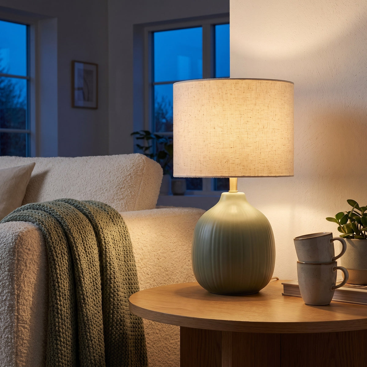 Sage Green Ceramic Table Lamp with Linen Shade, 18 in Ribbed Bedside Lamp for Bedroom & Living Room