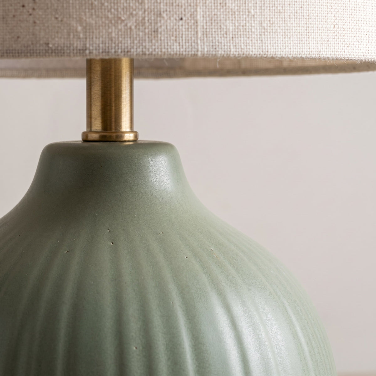Sage Green Ceramic Table Lamp with Linen Shade, 18 in Ribbed Bedside Lamp for Bedroom & Living Room