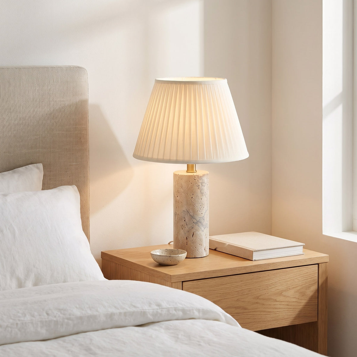Travertine Table Lamp with Pleated Shade, 17 in Natural Stone Bedside Lamp, Beige & Brass