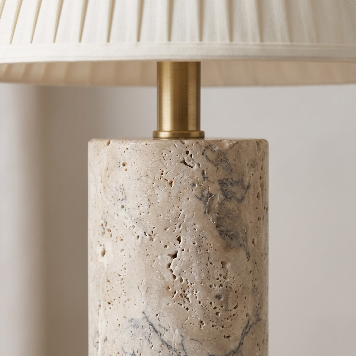 Travertine Table Lamp with Pleated Shade, 17 in Natural Stone Bedside Lamp, Beige & Brass