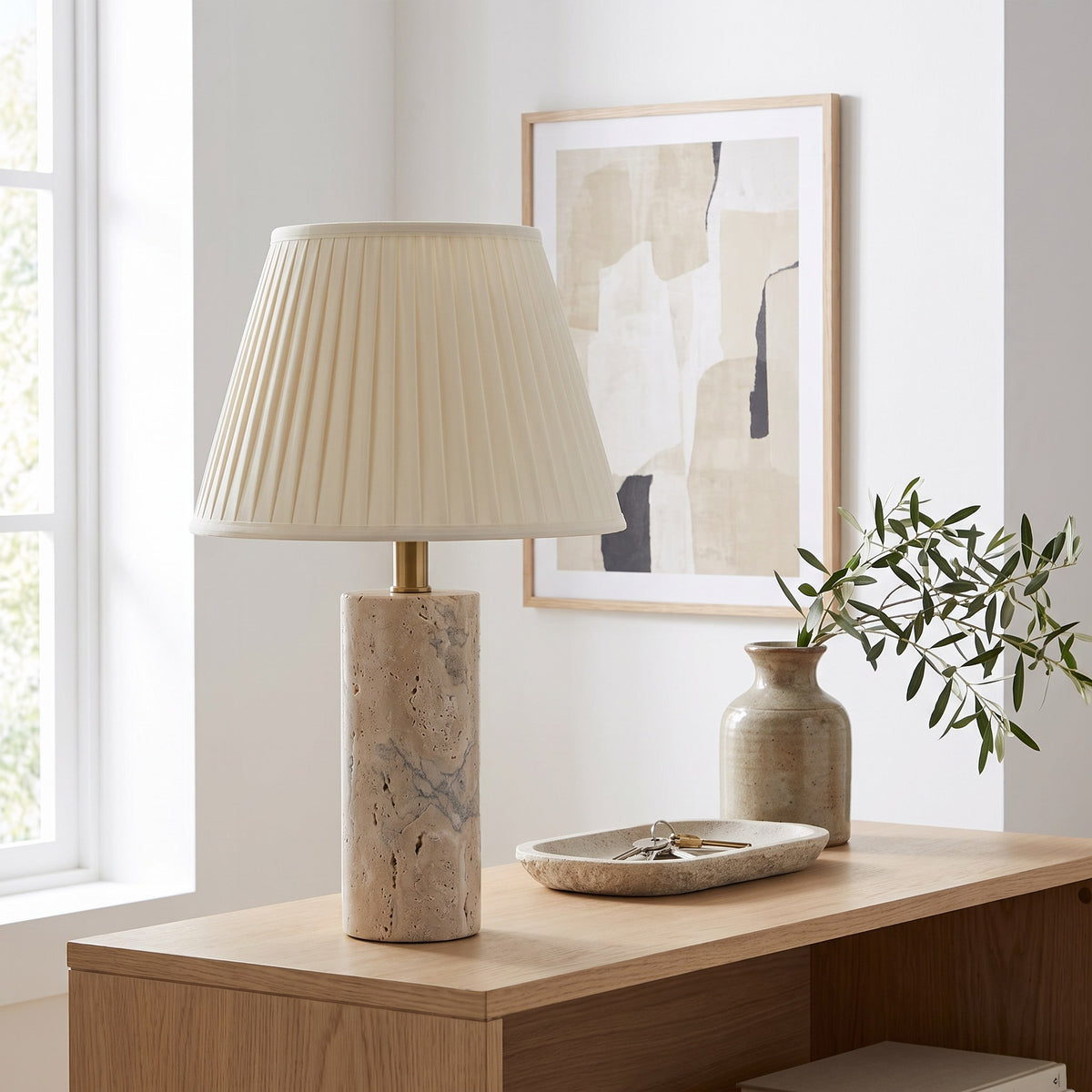 Travertine Table Lamp with Pleated Shade, 17 in Natural Stone Bedside Lamp, Beige & Brass
