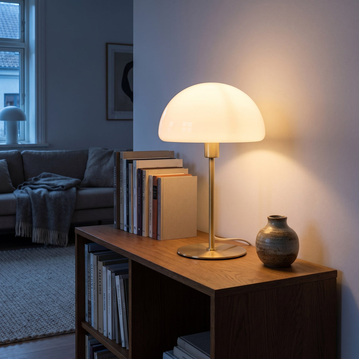 Mushroom Table Lamp, Opal Glass Dome & Brushed Brass Base, 14 in Small Bedside & Desk Lamp