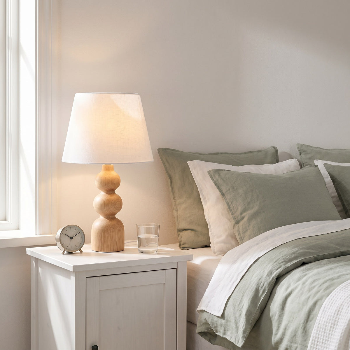 Oak Wood Table Lamp with White Linen Shade, 20 in Turned Wood Bedside Lamp, Scandinavian Style