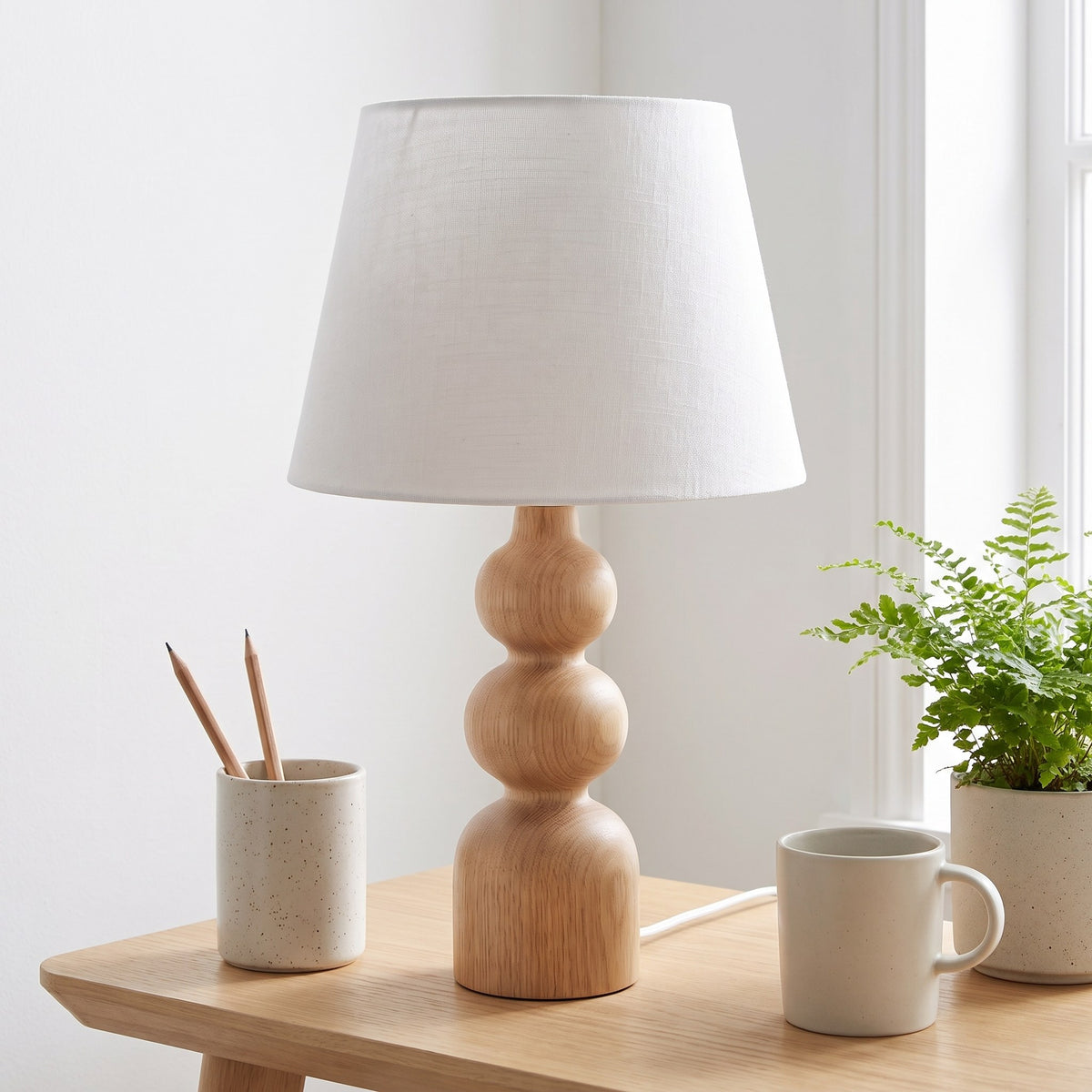 Oak Wood Table Lamp with White Linen Shade, 20 in Turned Wood Bedside Lamp, Scandinavian Style