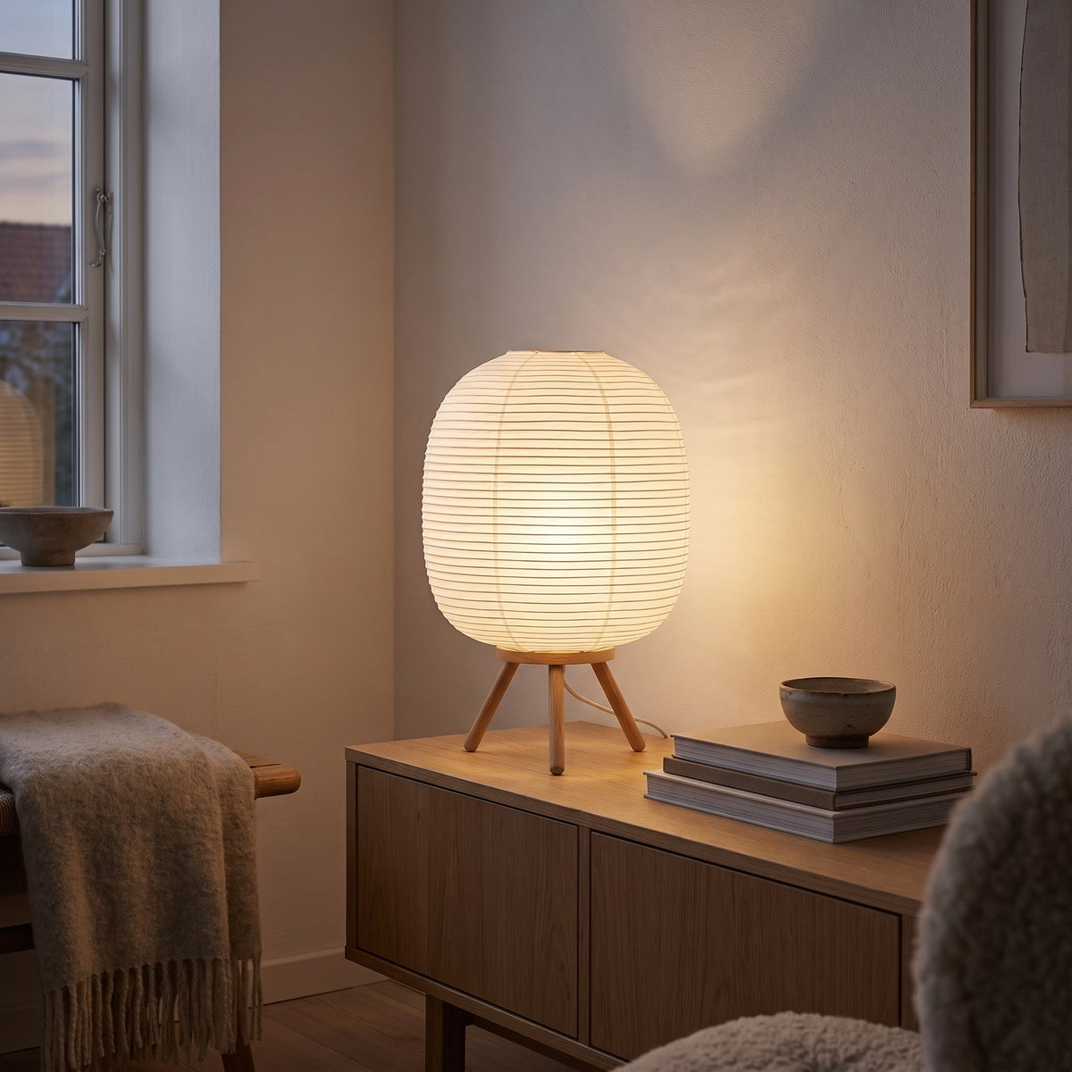 Rice Paper Table Lamp with Oak Wood Legs, 16 in Japandi Paper Lantern Lamp for Bedroom & Living Room