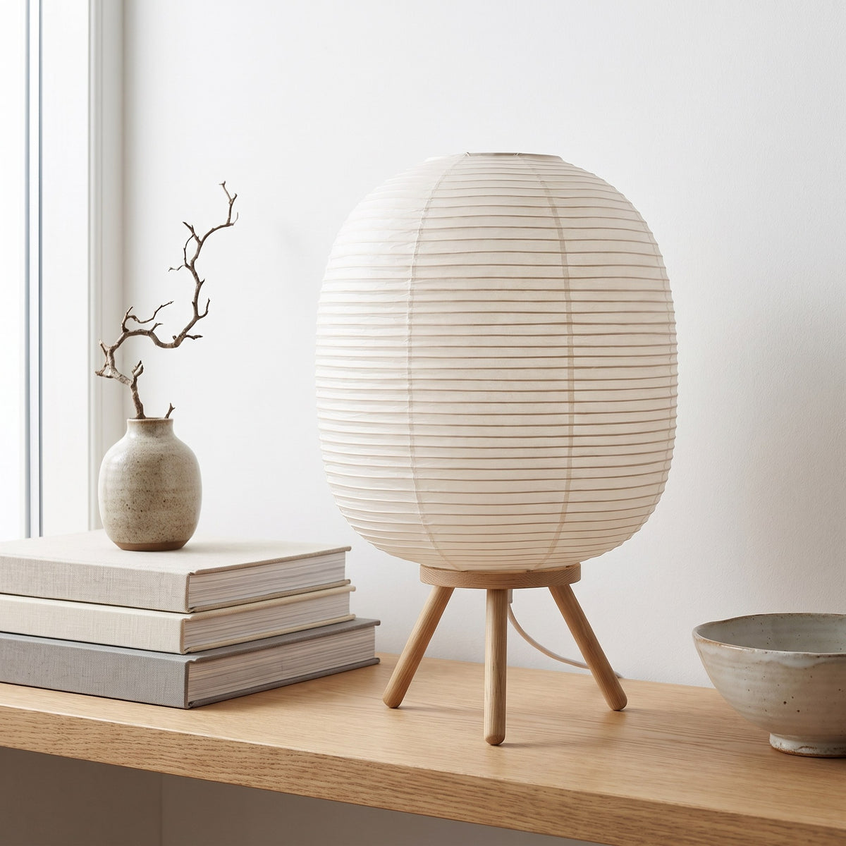 Rice Paper Table Lamp with Oak Wood Legs, 16 in Japandi Paper Lantern Lamp for Bedroom & Living Room