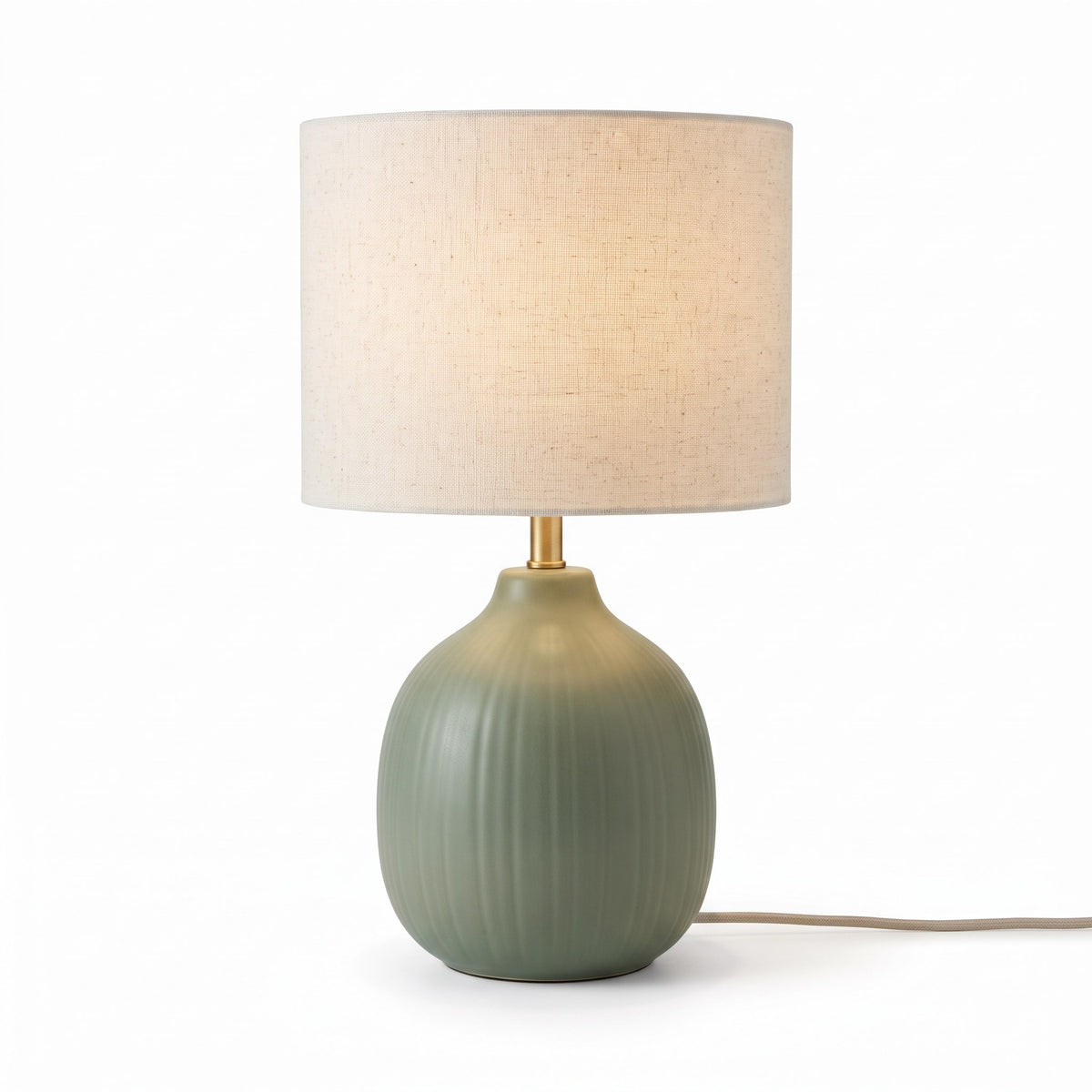 Sage Green Ceramic Table Lamp with Linen Shade, 18 in Ribbed Bedside Lamp for Bedroom & Living Room