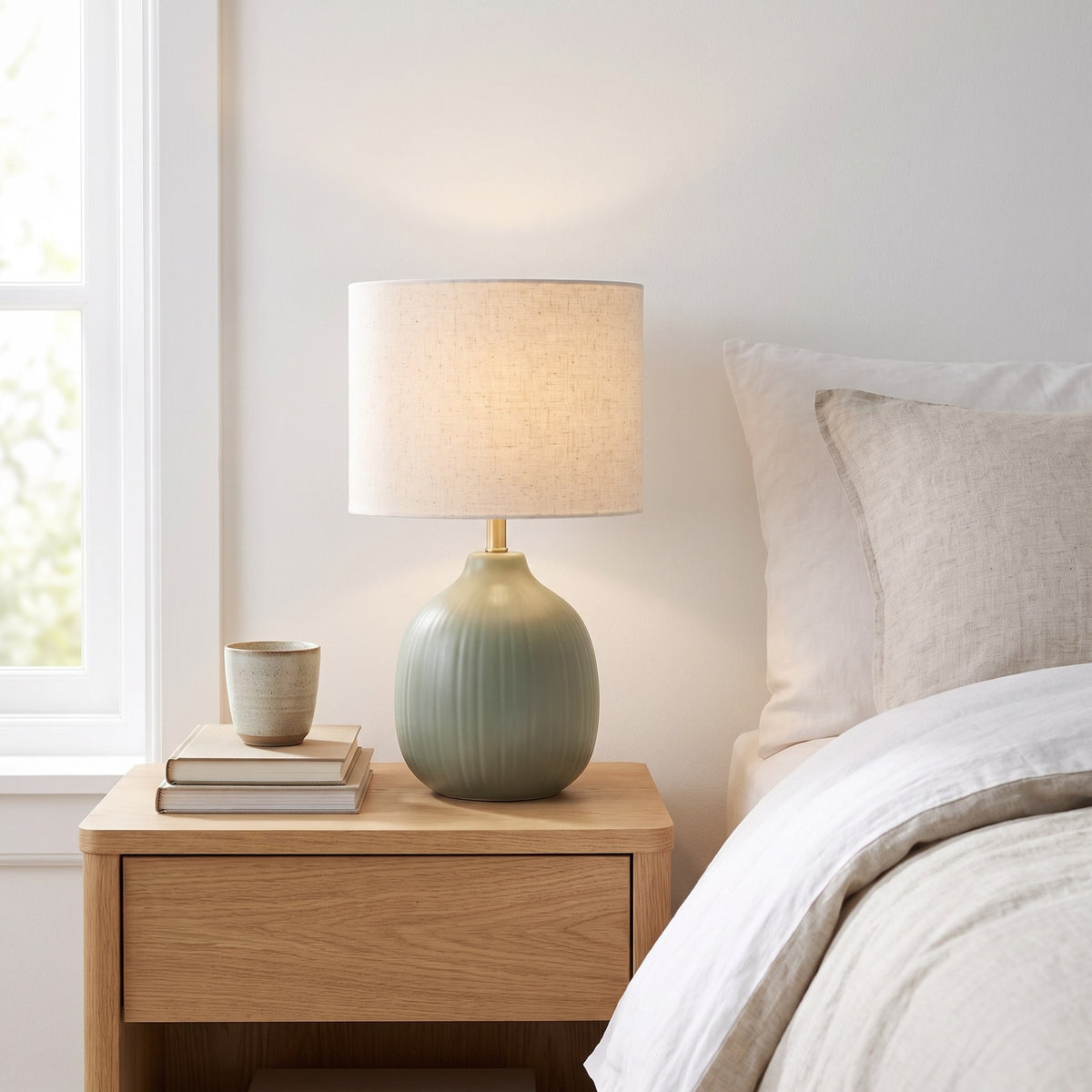 Sage Green Ceramic Table Lamp with Linen Shade, 18 in Ribbed Bedside Lamp for Bedroom & Living Room
