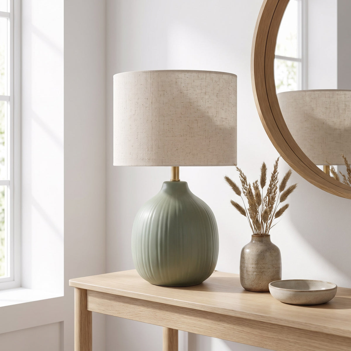 Sage Green Ceramic Table Lamp with Linen Shade, 18 in Ribbed Bedside Lamp for Bedroom & Living Room