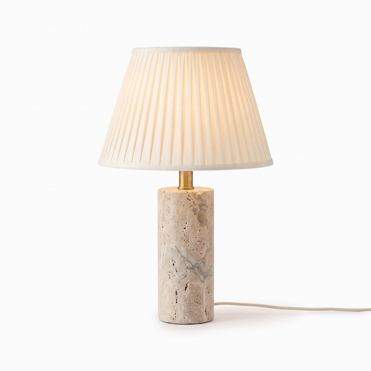 Travertine Table Lamp with Pleated Shade, 17 in Natural Stone Bedside Lamp, Beige & Brass