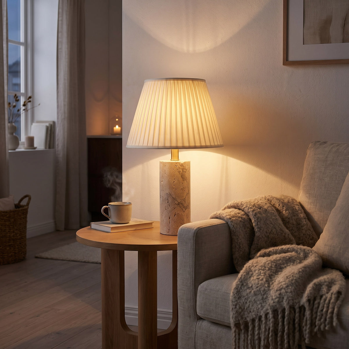 Travertine Table Lamp with Pleated Shade, 17 in Natural Stone Bedside Lamp, Beige & Brass